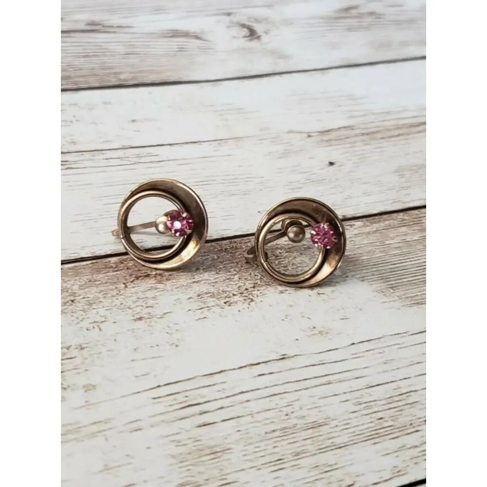 Vintage Screw On Earrings Pink Gem